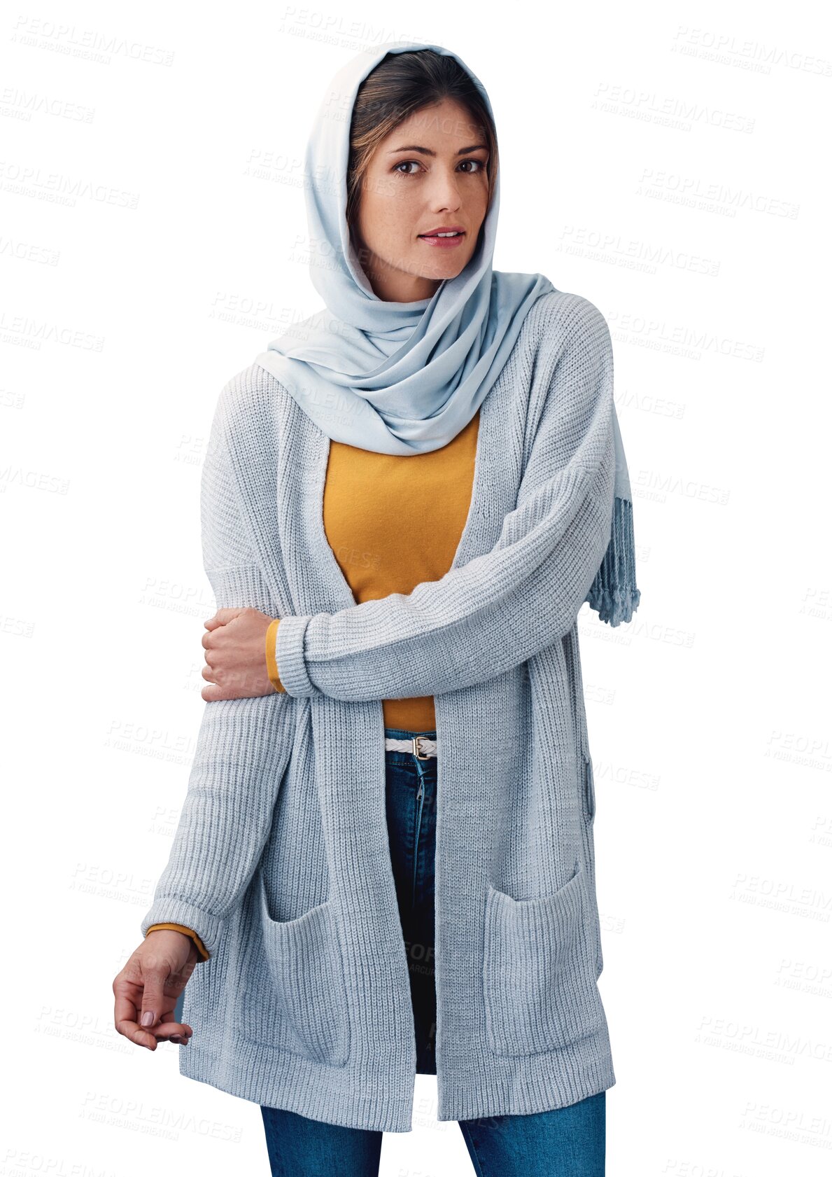 Buy stock photo Muslim, woman and portrait with hijab or pride for eid with casual fashion, trendy outfit and calm expression. Islamic person, face and confidence with relax isolated on a png transparent background