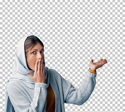 Buy stock photo Shock, portrait and Muslim woman, gesture and isolated in transparent background. Girl, png and hand on mouth with hijab on head for culture of Islamic faith, showing and person in religion