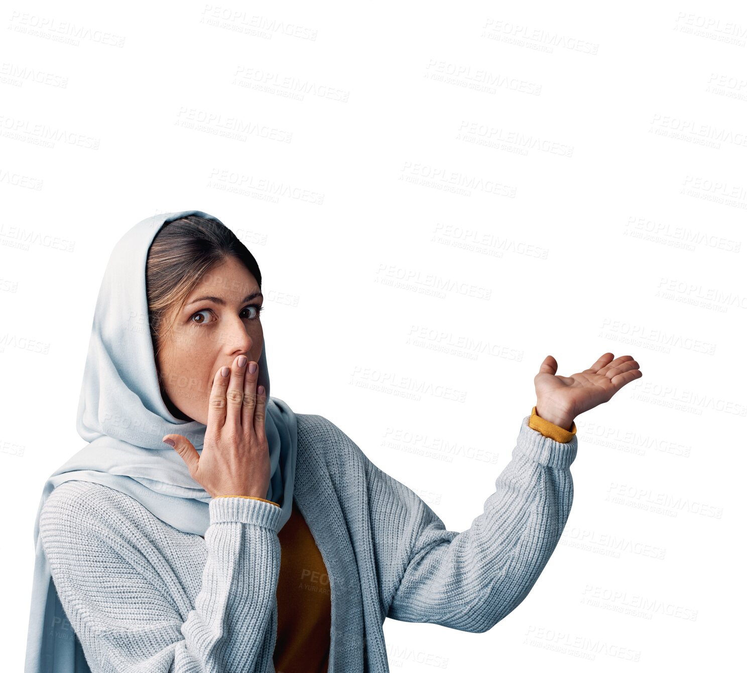 Buy stock photo Shock, portrait and Muslim woman, gesture and isolated in transparent background. Girl, png and hand on mouth with hijab on head for culture of Islamic faith, showing and person in religion