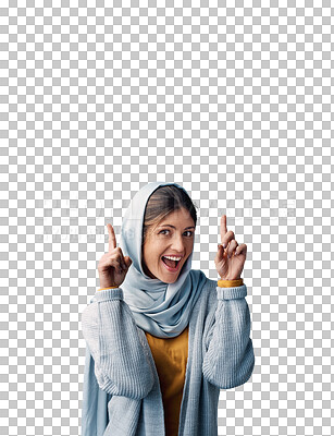 Buy stock photo Islamic woman, pointing and portrait with hijab, png and isolated transparent background. Girl, excited and showing with smile for happiness, religion and Muslim faith for traditional person