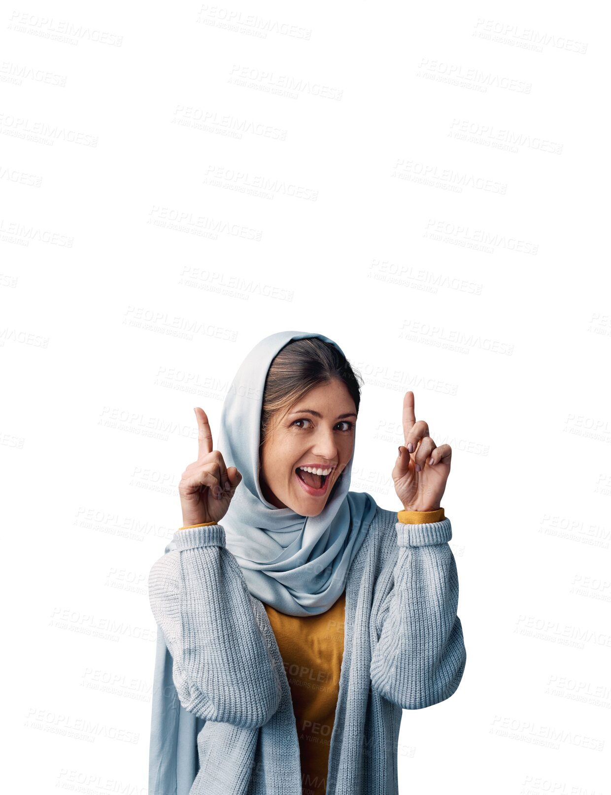 Buy stock photo Islamic woman, pointing and portrait with hijab, png and isolated transparent background. Girl, excited and showing with smile for happiness, religion and Muslim faith for traditional person