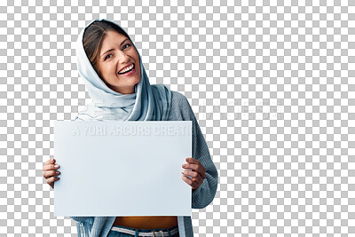 Buy stock photo Muslim, woman and smile in hijab with poster mockup for advertising and instructions on isolated, transparent png background. Religion, Iraq and blank cardboard with happiness in confidence.