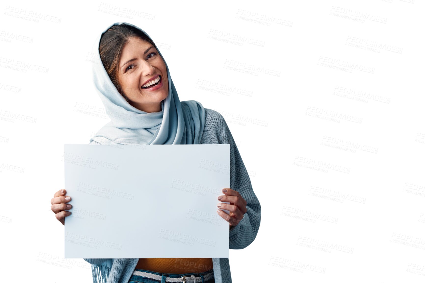 Buy stock photo Muslim, woman and smile in hijab with poster mockup for advertising and instructions on isolated, transparent png background. Religion, Iraq and blank cardboard with happiness in confidence.