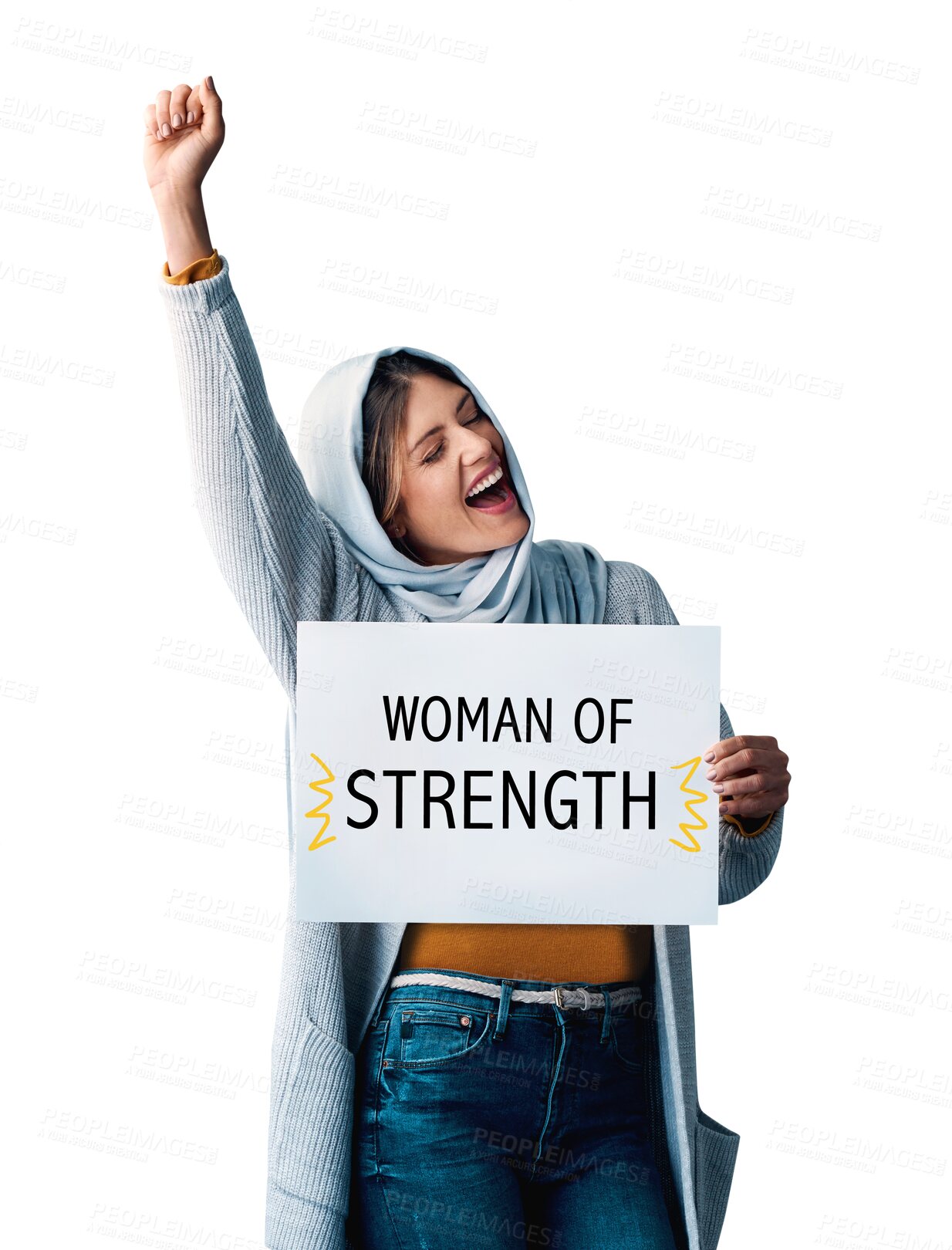 Buy stock photo Woman, cheer and banner for activism, confidence and gender equality for girl power. Muslim, hijab and celebration for proud women, smile and empowerment isolated on a transparent, png background