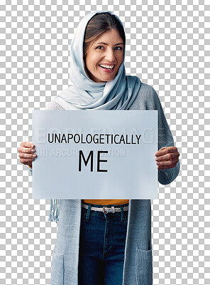 Buy stock photo Happy, muslim and portrait of woman with banner for self love, affirmation and acceptance. Smile, girl and paper poster with statement for confidence on isolated, transparent and png background