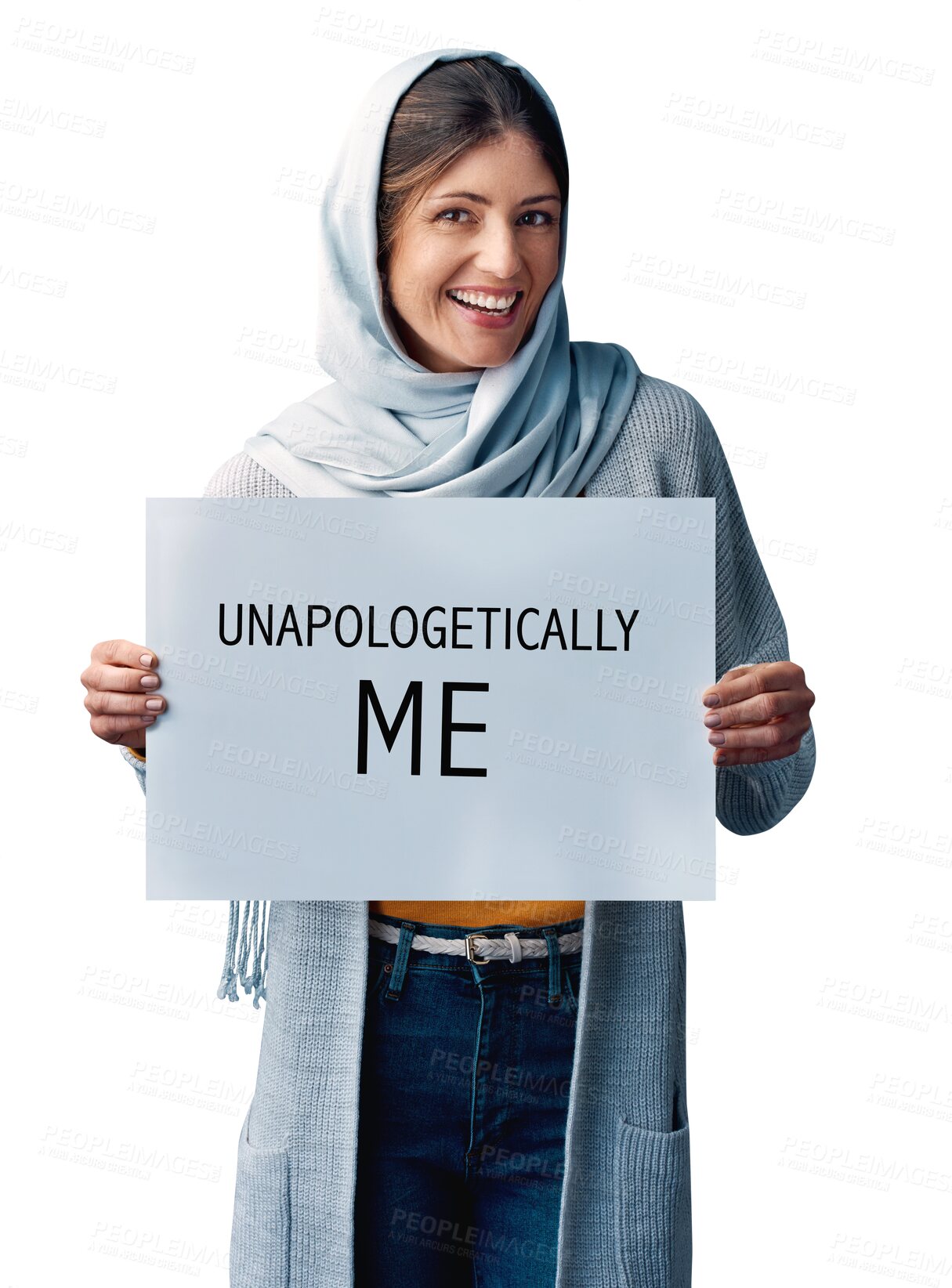 Buy stock photo Happy, muslim and portrait of woman with banner for self love, affirmation and acceptance. Smile, girl and paper poster with statement for confidence on isolated, transparent and png background