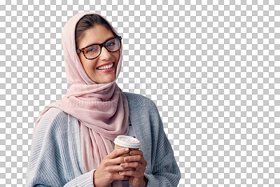 Buy stock photo Portrait, woman and hijab with smile for coffee, break and isolated on transparent png background. Muslim female person with head scarf, glasses and happy to enjoy, rest and relaxation with hot drink