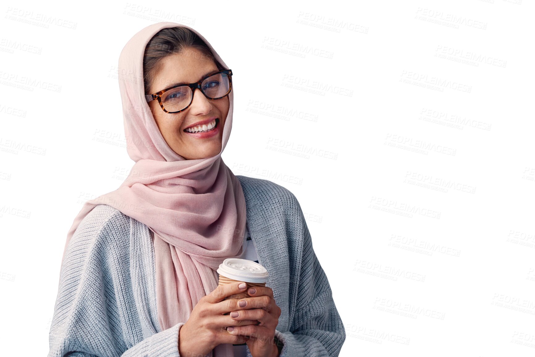 Buy stock photo Portrait, woman and hijab with smile for coffee, break and isolated on transparent png background. Muslim female person with head scarf, glasses and happy to enjoy, rest and relaxation with hot drink