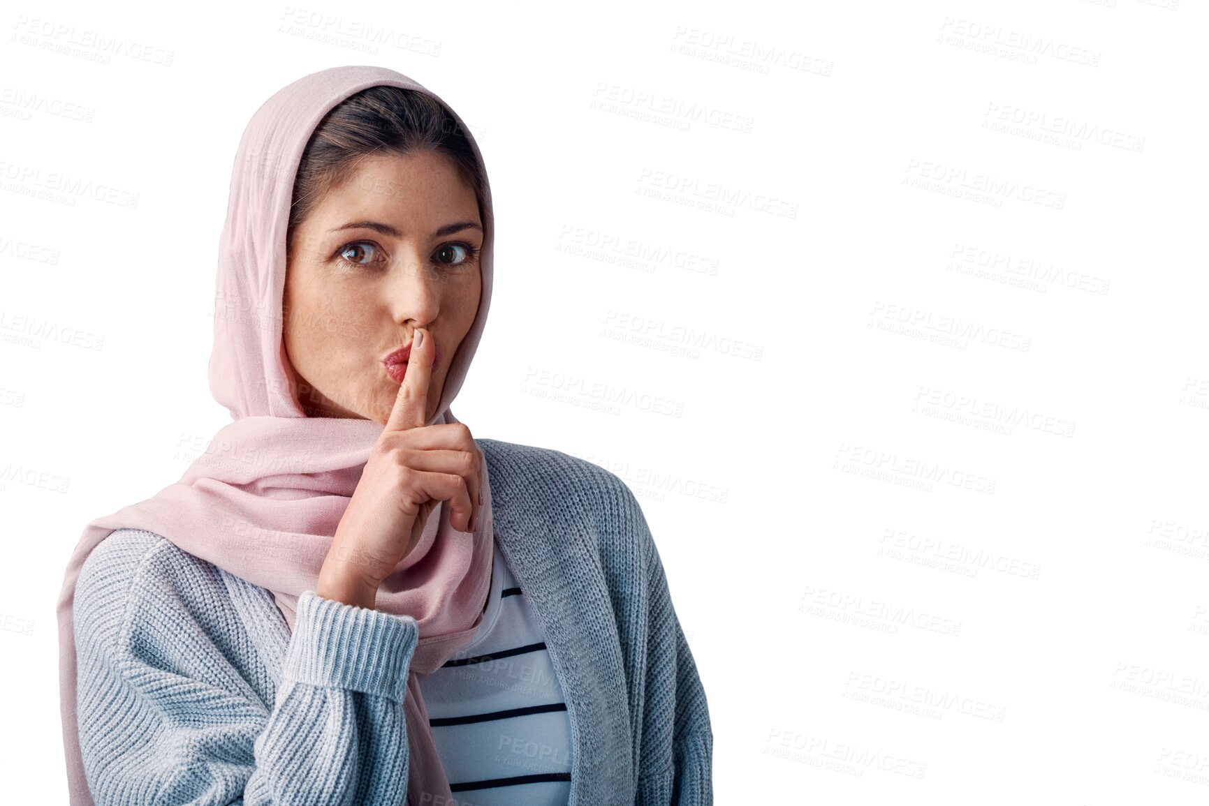 Buy stock photo Muslim, woman and finger on lips with secret or whisper in portrait on transparent, isolated or png background. Gossip, story and Islamic girl in hijab with privacy information, announcement or news