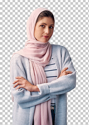 Buy stock photo Serious, hijab and portrait of young muslim woman with casual, trendy and modern arabic fashion. Face, style and islamic female person with head scarf outfit isolated by transparent png background.