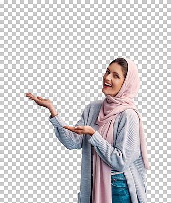 Buy stock photo Muslim, woman and portrait for advertising with hands for information, announcement and coming soon discount. Islamic, person and face with hand gesture or sign isolated on png transparent background