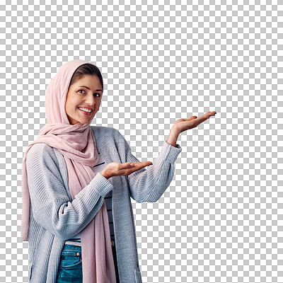 Buy stock photo Woman, smile and showing for advertising, presentation and satisfaction with pointing. Muslim, hijab and hands with portrait, face and happiness for culture isolated on a transparent, png background