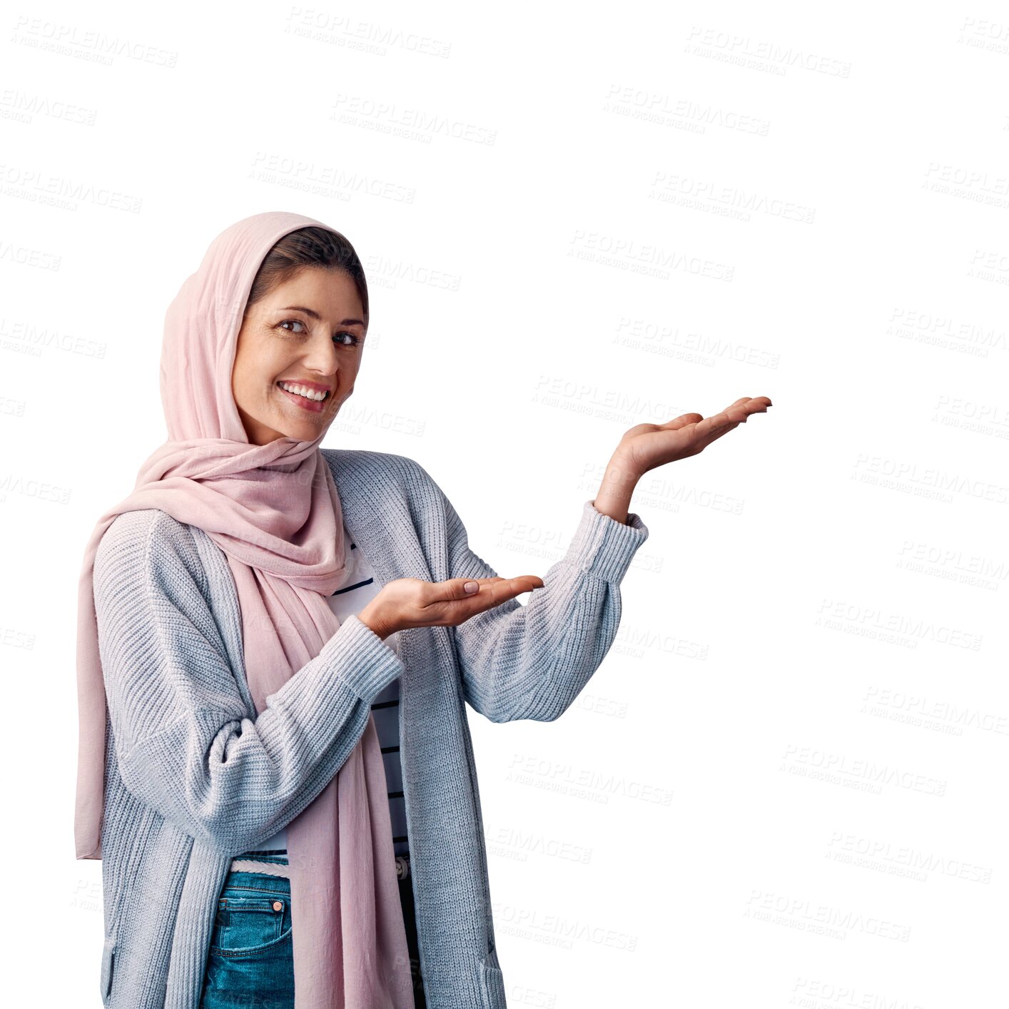 Buy stock photo Woman, smile and showing for advertising, presentation and satisfaction with pointing. Muslim, hijab and hands with portrait, face and happiness for culture isolated on a transparent, png background