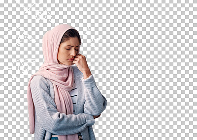 Buy stock photo Muslim, woman and sad with hijab or depression for mental health with casual fashion, stress and emotional. Islamic person, anxiety and frustrated with burnout isolated on png transparent background