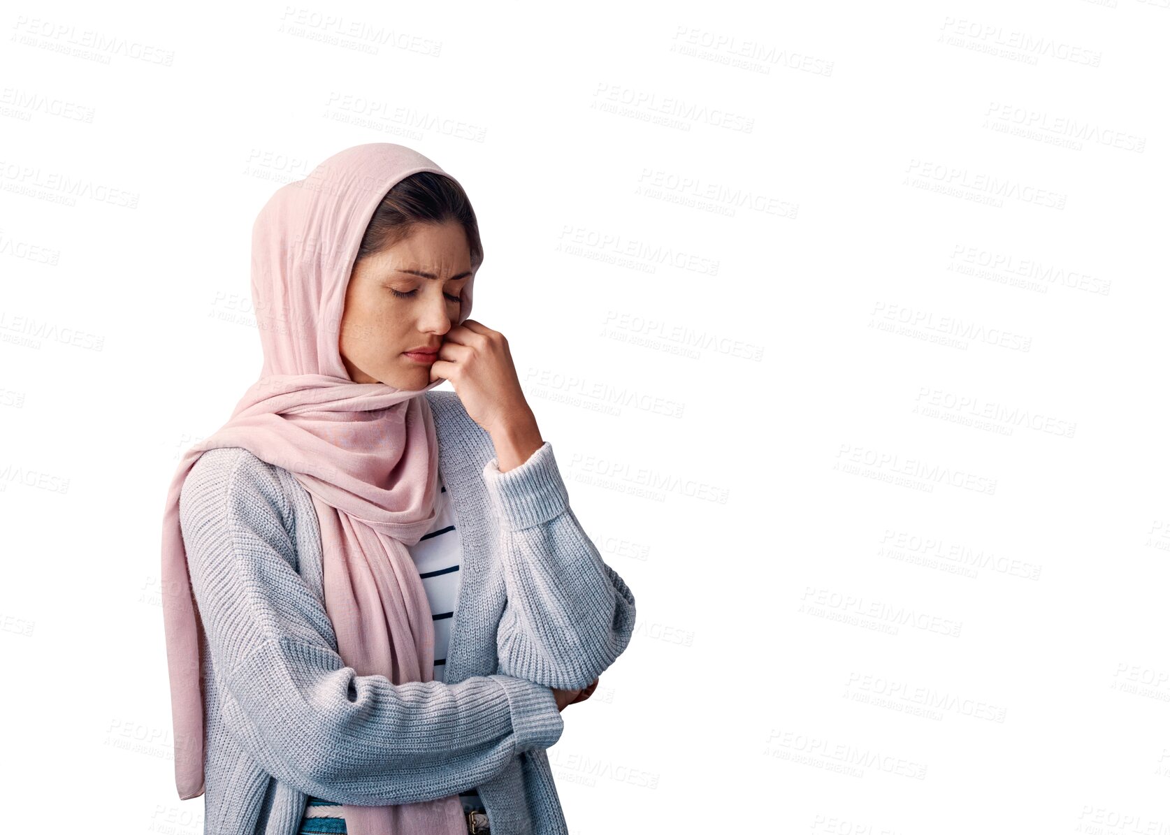 Buy stock photo Muslim, woman and sad with hijab or depression for mental health with casual fashion, stress and emotional. Islamic person, anxiety and frustrated with burnout isolated on png transparent background