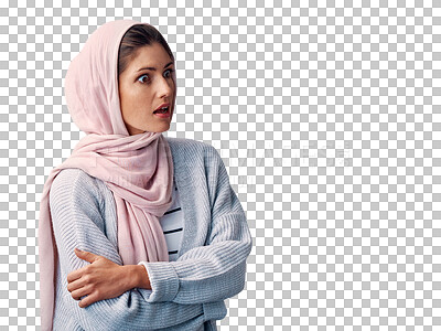 Buy stock photo Muslim, woman and face with hijab or shocked for news, announcement or surprise with casual fashion or trendy outfit. Islamic person, surprised or wow with hand isolated on png transparent background