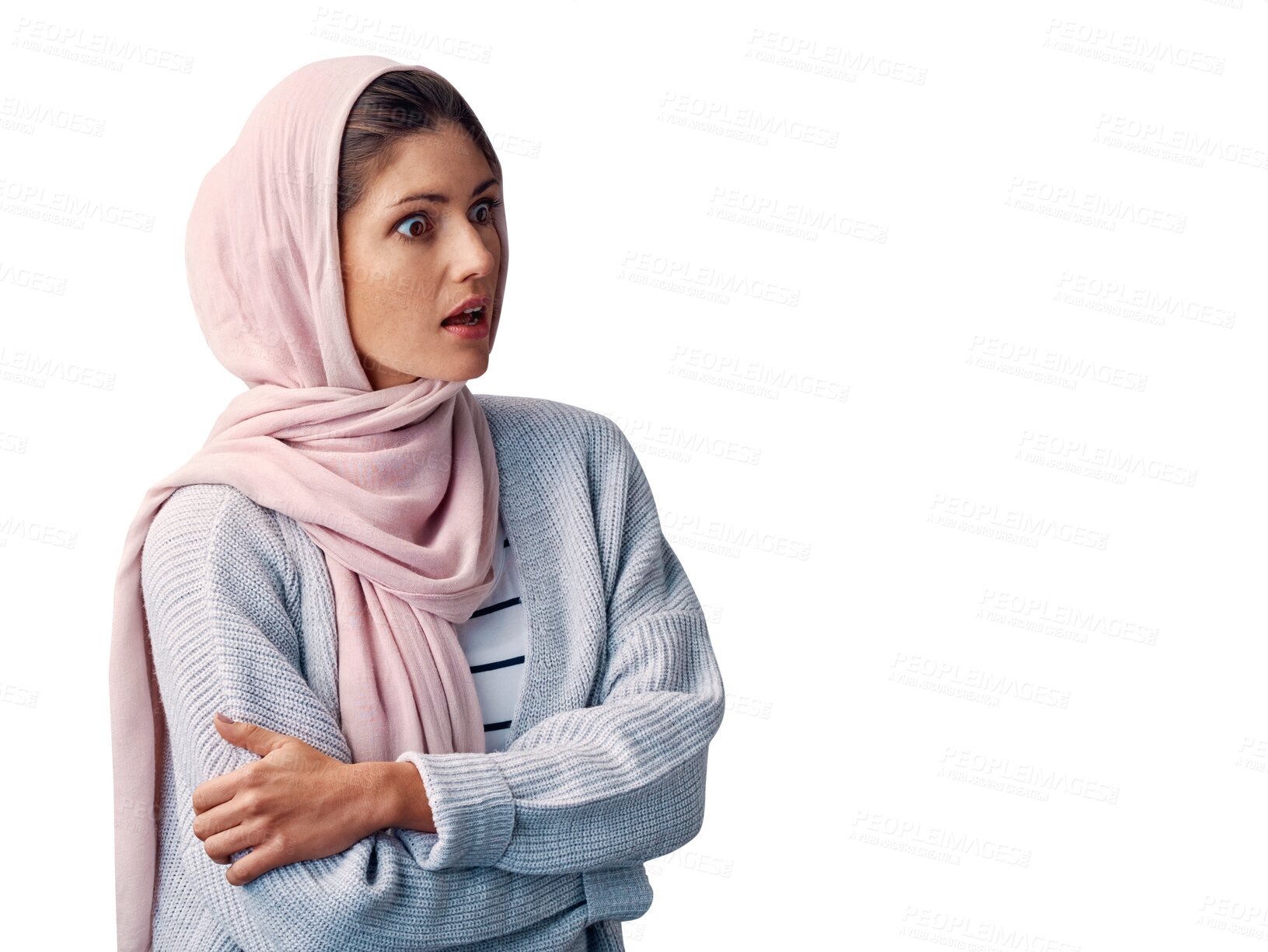 Buy stock photo Muslim, woman and face with hijab or shocked for news, announcement or surprise with casual fashion or trendy outfit. Islamic person, surprised or wow with hand isolated on png transparent background