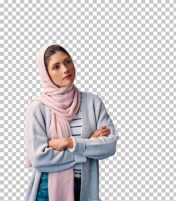 Buy stock photo Muslim, woman and thinking of ideas in hijab or planning future in transparent, isolated or png background. Creative, decision and Islamic girl remember solution, information or choice with knowledge