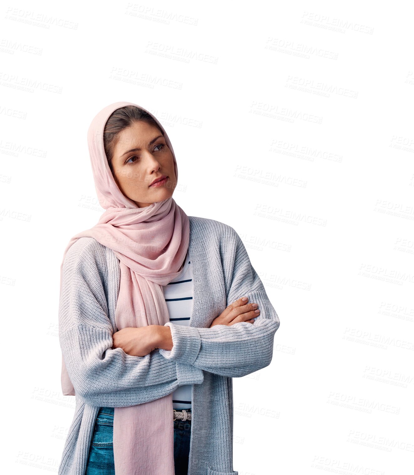 Buy stock photo Muslim, woman and thinking of ideas in hijab or planning future in transparent, isolated or png background. Creative, decision and Islamic girl remember solution, information or choice with knowledge