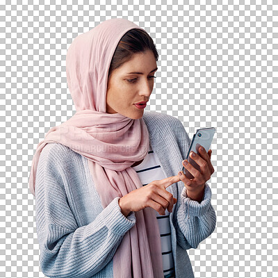 Buy stock photo Woman, phone and text for social media, scroll and browsing on transparent and isolated background. Mobile, muslim female person and hijab with technology, islamic and png with intrigued face 