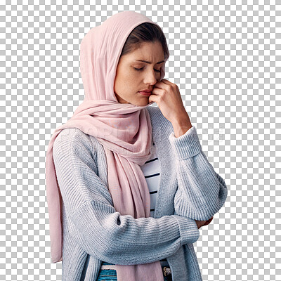 Buy stock photo Sad, woman and muslim in hijab with stress, crisis in mental health or depression on transparent or png background. Isolated, person and anxiety from islamophobia, bullying and victim of abuse