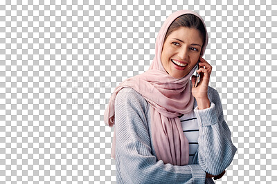 Buy stock photo Phone call, thinking or muslim woman isolated with smile on png background for communication. Mobile, transparent or happy Arab person listening in conversation or speaking of news, gossip or Islam