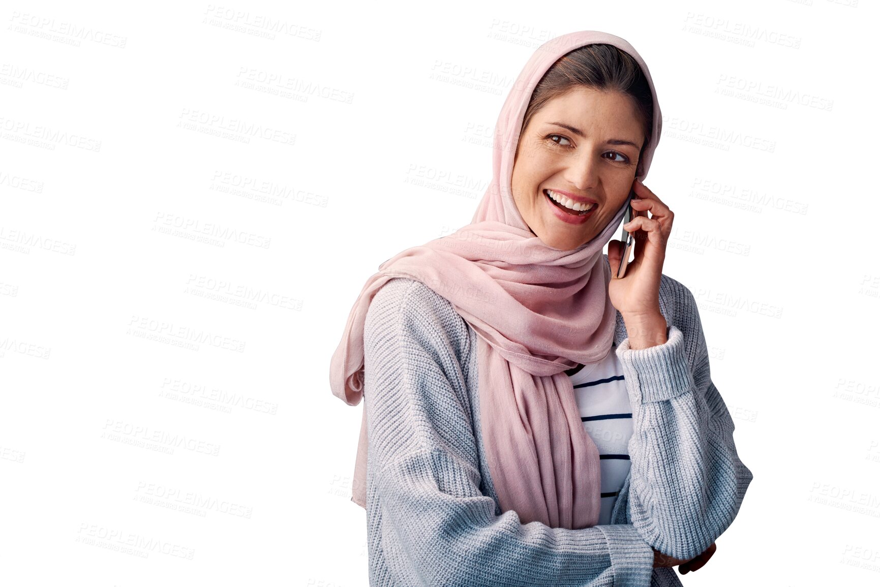 Buy stock photo Phone call, thinking or muslim woman isolated with smile on png background for communication. Mobile, transparent or happy Arab person listening in conversation or speaking of news, gossip or Islam