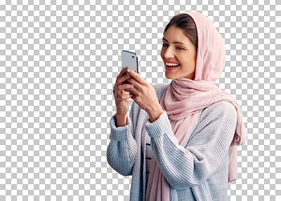 Buy stock photo Muslim, happy woman or phone notification for communication isolated on png background. Smile, transparent or Arabic female person on mobile app to chat on social media for reading news or gossip