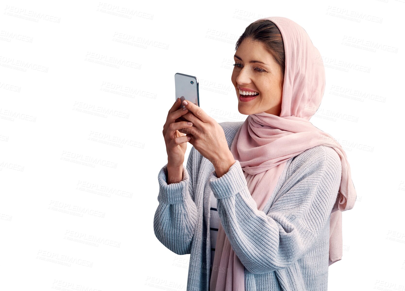 Buy stock photo Muslim, happy woman or phone notification for communication isolated on png background. Smile, transparent or Arabic female person on mobile app to chat on social media for reading news or gossip