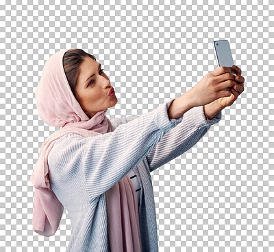 Buy stock photo Muslim, woman or influencer taking a selfie isolated on png background for social media app. Islamic, blow kiss or Arabic person with photo, vlog or profile picture for fashion, tradition or style