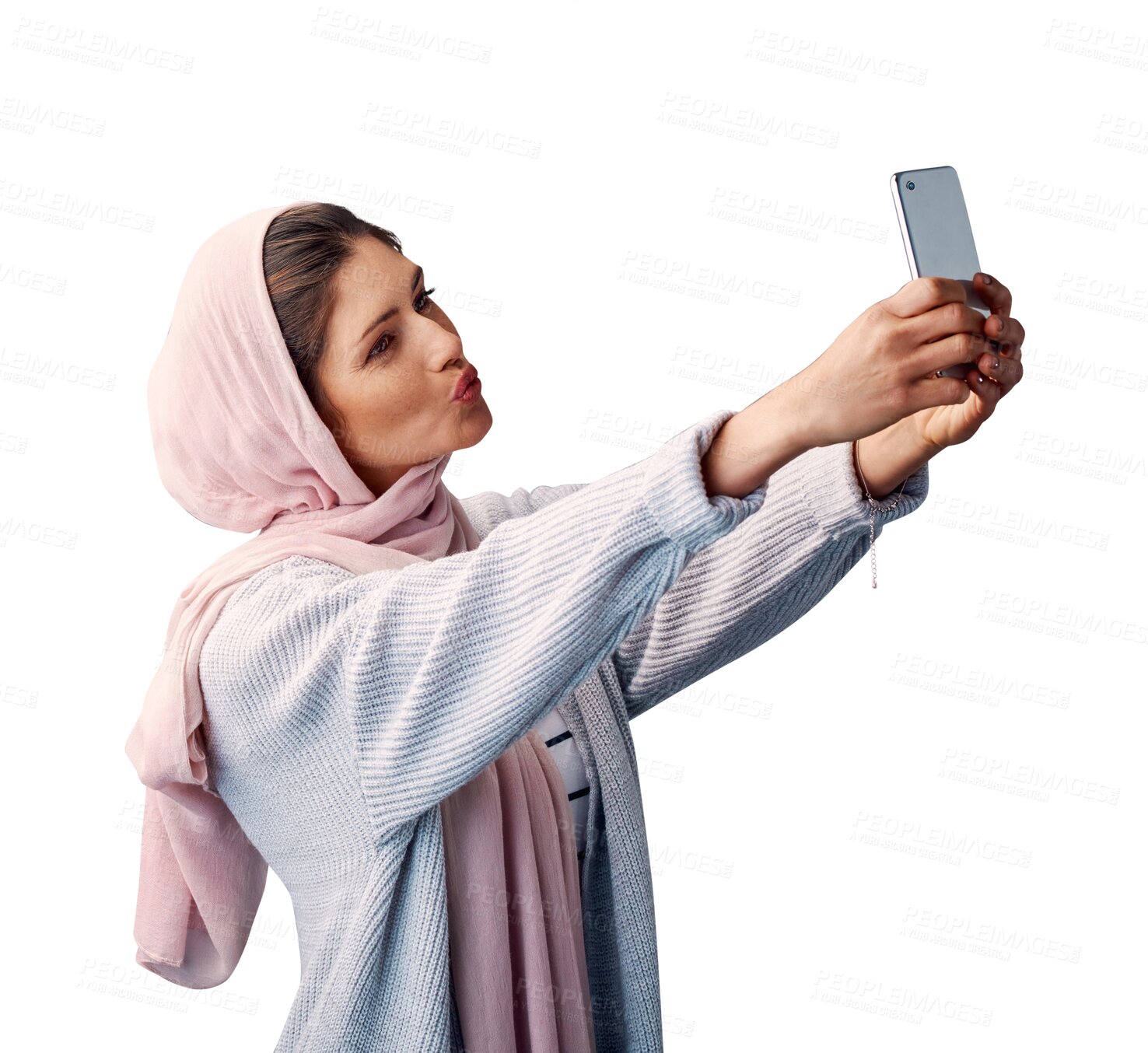 Buy stock photo Muslim, woman or influencer taking a selfie isolated on png background for social media app. Islamic, blow kiss or Arabic person with photo, vlog or profile picture for fashion, tradition or style