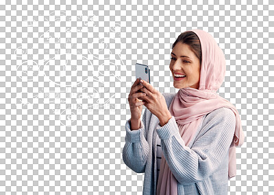 Buy stock photo Islamic, happy woman or phone notification for communication isolated on png background. Smile, transparent or Muslim female person on mobile app to chat on social media for reading news or gossip