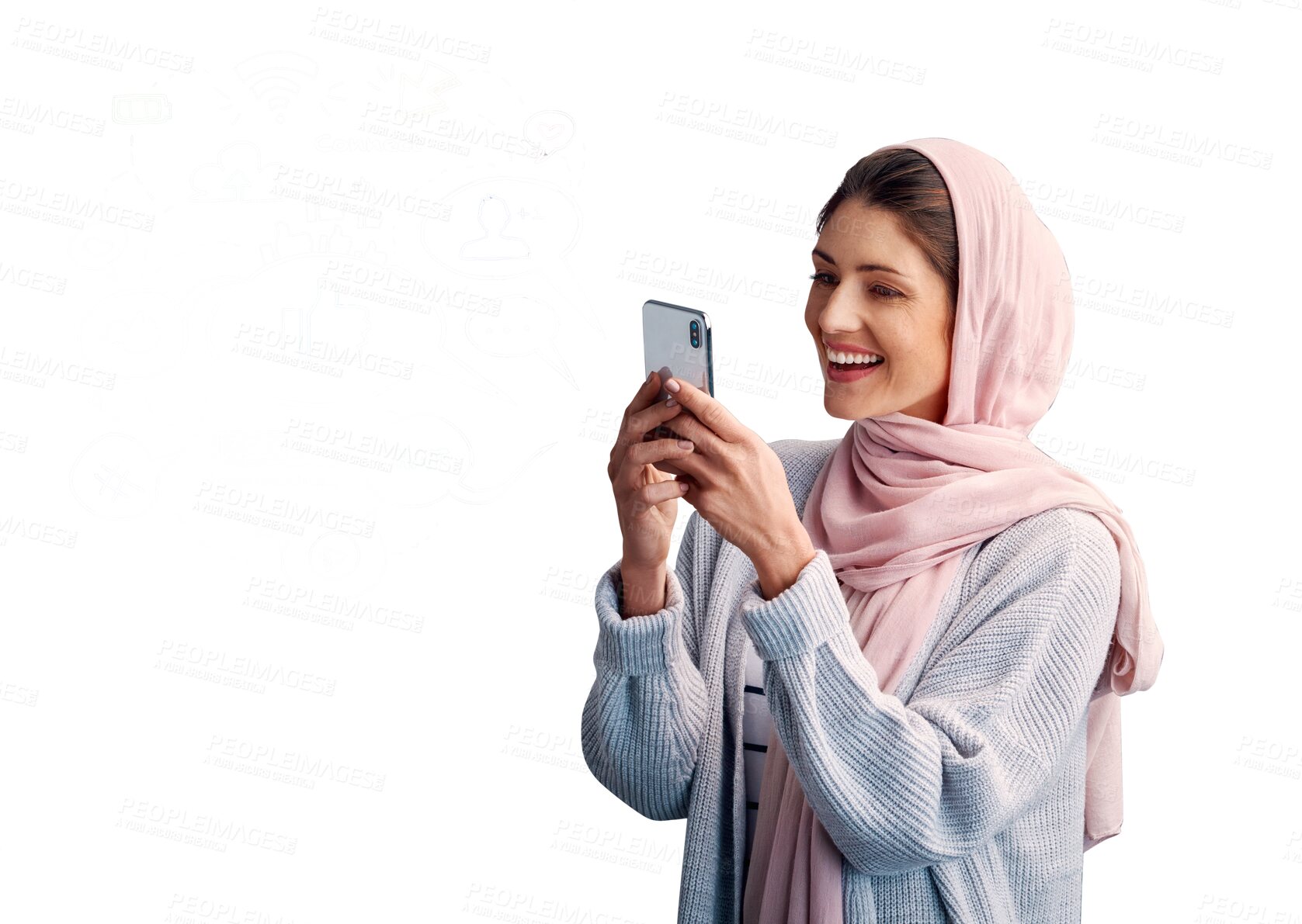 Buy stock photo Islamic, happy woman or phone notification for communication isolated on png background. Smile, transparent or Muslim female person on mobile app to chat on social media for reading news or gossip