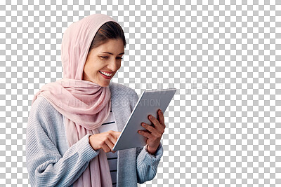 Buy stock photo Muslim, tablet or happy woman isolated on social media, elearning app or research on internet website. Network, check or Arabic student typing on technology on transparent png background with smile