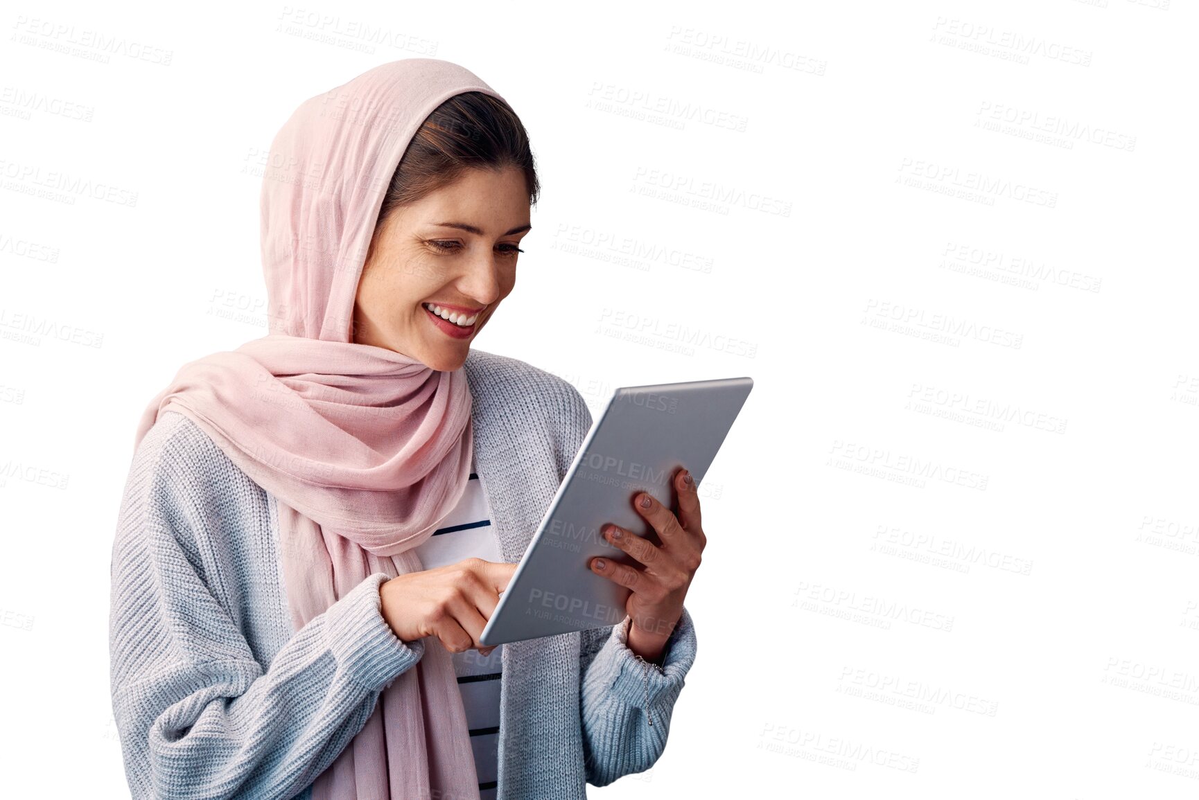 Buy stock photo Muslim, tablet or happy woman isolated on social media, elearning app or research on internet website. Network, check or Arabic student typing on technology on transparent png background with smile