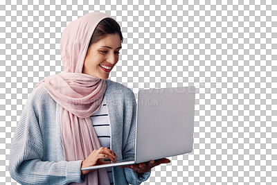 Buy stock photo Smile, laptop and muslim woman on internet, search and social media isolated on a transparent png background. Hijab, computer and happy person on pc for communication, ebook and reading email online