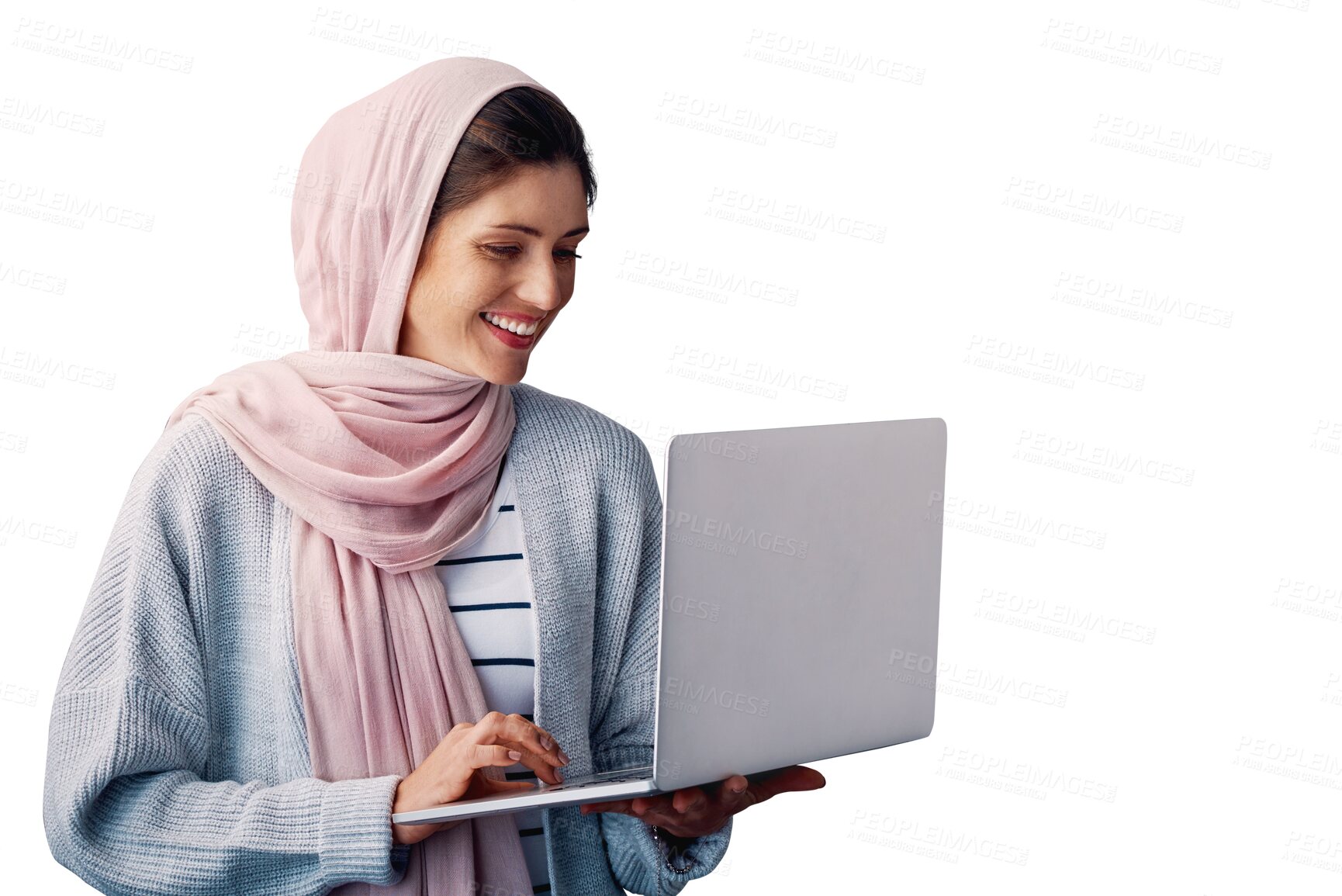 Buy stock photo Smile, laptop and muslim woman on internet, search and social media isolated on a transparent png background. Hijab, computer and happy person on pc for communication, ebook and reading email online