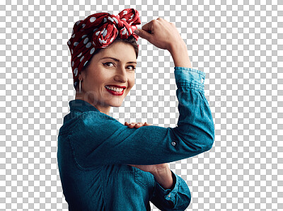 Buy stock photo Pinup, girl and flexing or vintage as portrait or feminism champion for competition win, retro or gender equality. Female person, face and bicep on isolated transparent png background, pride or power