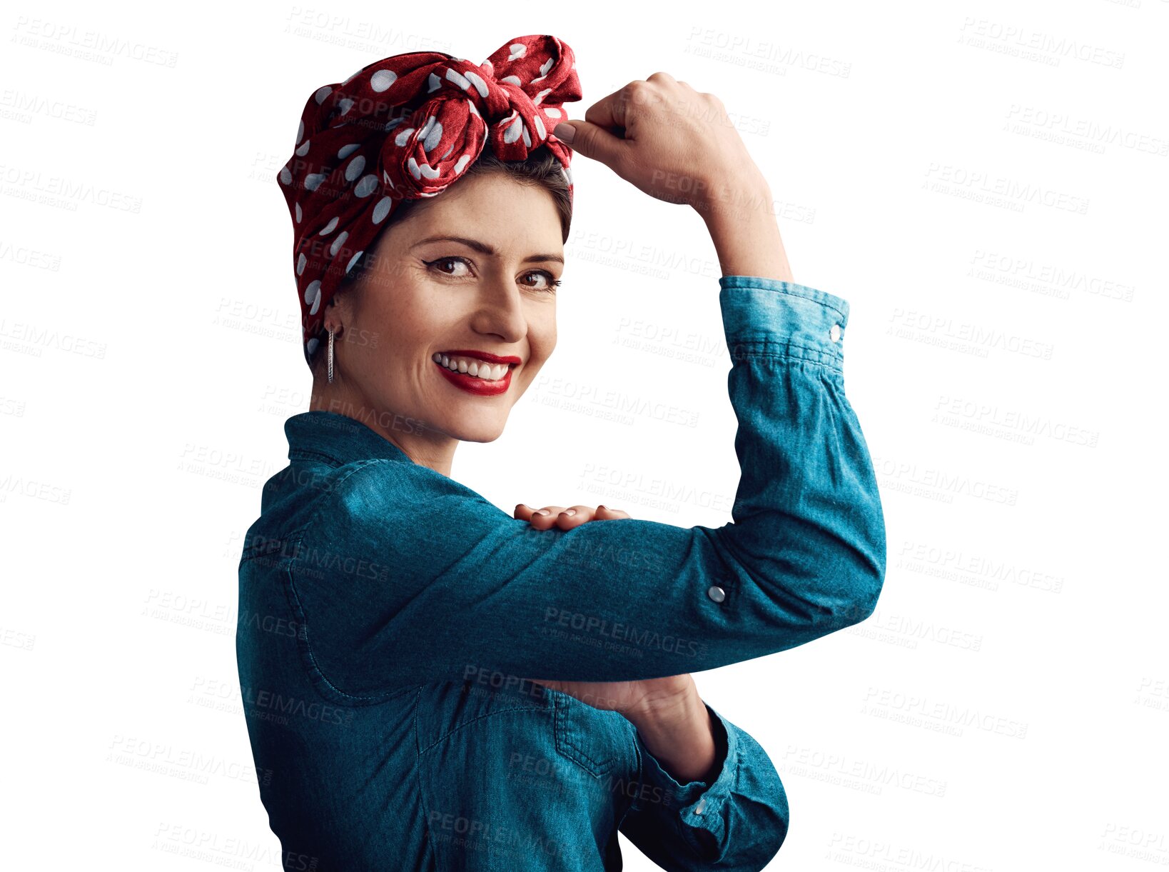 Buy stock photo Pinup, girl and flexing or vintage as portrait or feminism champion for competition win, retro or gender equality. Female person, face and bicep on isolated transparent png background, pride or power