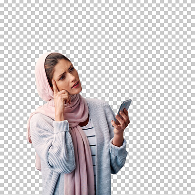 Buy stock photo Muslim woman, confused and question for phone, communication and thinking on text message. Female person, hijab and internet research on website, islam and isolated on transparent png background