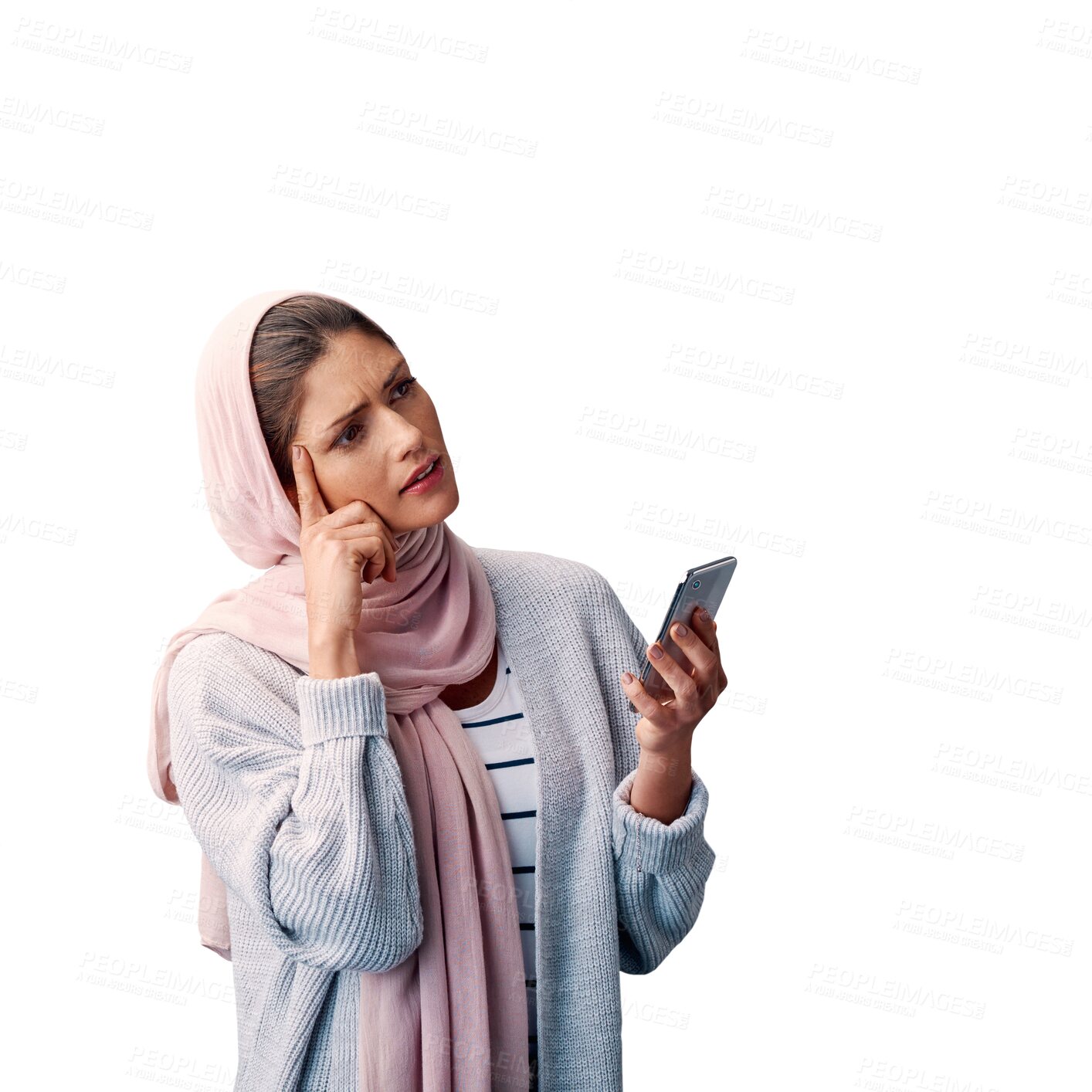 Buy stock photo Muslim woman, confused and question for phone, communication and thinking on text message. Female person, hijab and internet research on website, islam and isolated on transparent png background