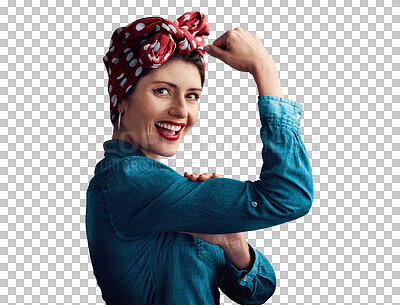 Buy stock photo Pinup, girl and flexing muscle as portrait for strong champion for competition win, fashion or gender equality. Female person, face and bicep on isolated transparent png background, pride or power