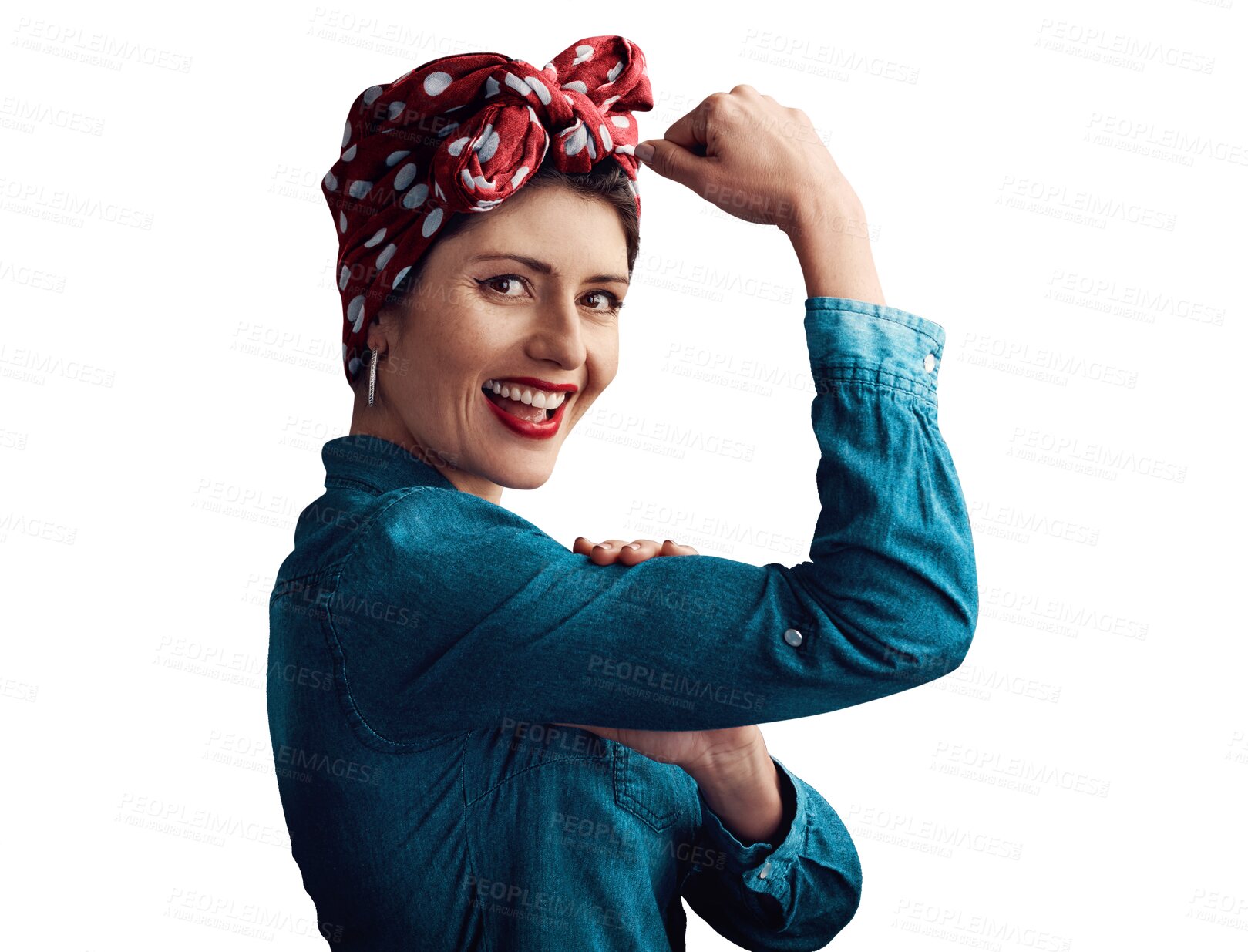 Buy stock photo Pinup, girl and flexing muscle as portrait for strong champion for competition win, fashion or gender equality. Female person, face and bicep on isolated transparent png background, pride or power