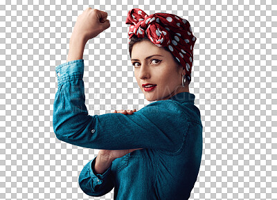 Buy stock photo Woman, pin up and strong bicep as portrait or victory strength or vintage, retro fashion or gender equality. Female person, flex and muscle on isolated transparent png background, empowerment or win