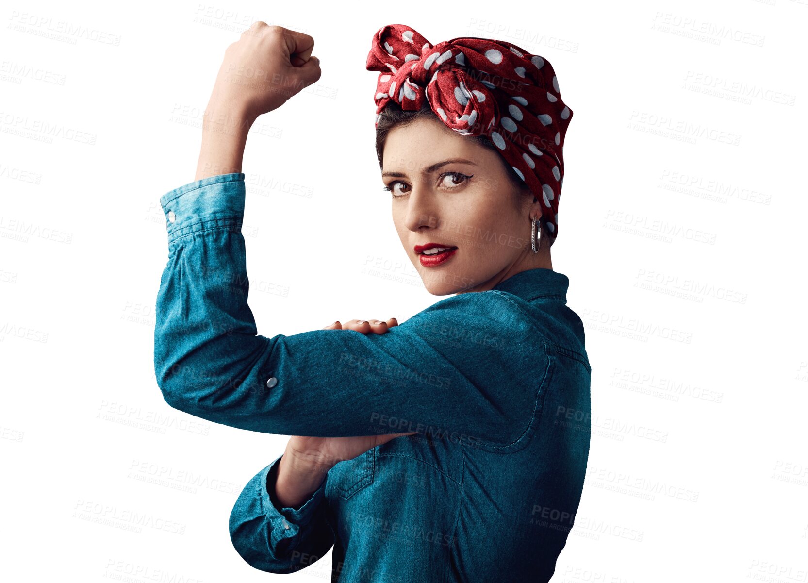 Buy stock photo Woman, pin up and strong bicep as portrait or victory strength or vintage, retro fashion or gender equality. Female person, flex and muscle on isolated transparent png background, empowerment or win