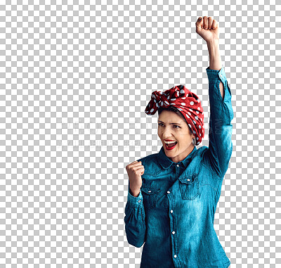 Buy stock photo Woman, fist and celebration as pin up for victory achievement for vintage feminism, gender equality or winning. Female person, hand and isolated transparent png background, empowerment or strength