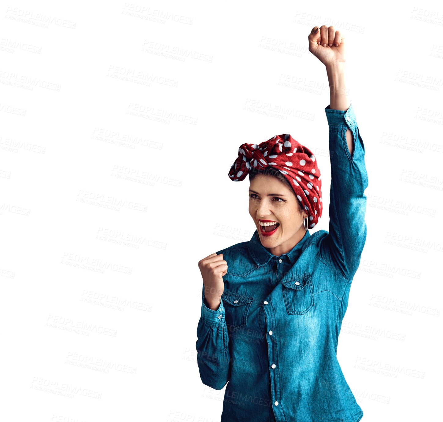 Buy stock photo Woman, fist and celebration as pin up for victory achievement for vintage feminism, gender equality or winning. Female person, hand and isolated transparent png background, empowerment or strength