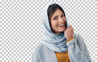 Buy stock photo Fashion, hijab and portrait of islamic woman with casual, trendy and modern outfit. Happy, head scarf and young muslim person with traditional religion style isolated by transparent png background.