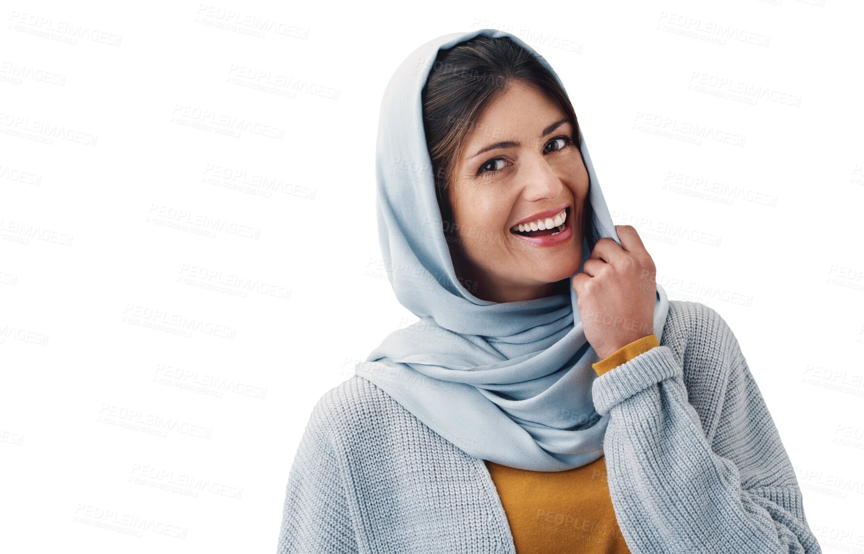 Buy stock photo Fashion, hijab and portrait of islamic woman with casual, trendy and modern outfit. Happy, head scarf and young muslim person with traditional religion style isolated by transparent png background.