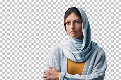 Buy stock photo Muslim, woman and thinking with hijab or confidence for eid with casual fashion, trendy outfit or contemplating idea. Islamic person, face or serious with relax isolated on png transparent background